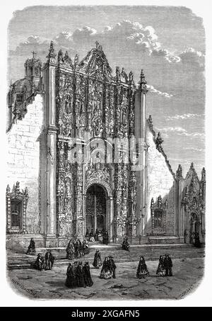 Entrée principale de la cathédrale métropolitaine de l'Assomption de la très Sainte Vierge Marie au ciel, Mexico, dessin d'Enrico Catenacci. Voyage au Mexique, 1854-1855 par Ernest Vigneaux. Le Tour du monde 1862 Banque D'Images