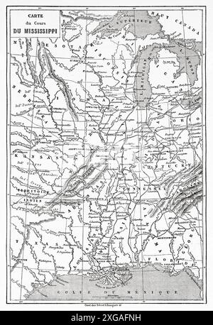 Carte ancienne du cours du fleuve Mississippi. Etats-Unis d'Amérique. Aventures d'un abolitionniste du Kansas dans le Missouri, 1855. Histoire du Docteur John Doy (1812-1869) le Tour du monde 1862 Banque D'Images