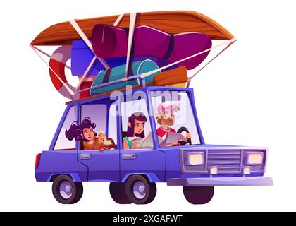 Famille avec chien voyageant en voiture isolé sur fond blanc. Illustration de dessin animé vectoriel de l'homme conduisant l'auto avec des bagages sur le dessus, femme regardant la carte, fille embrassant chiot mignon, vacances d'été Illustration de Vecteur