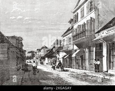 Rue de l'église à Saint-Denis, île de la Réunion. Océan Indien occidental, dessin d'Emile Therond (1821- 1883) voyage à la Réunion, 1861 de Louis Laurent Simonin (1830-1886) le Tour du monde 1862 Banque D'Images