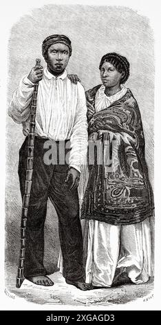 Couple malgache résidant immigrés à la Réunion. Océan Indien occidental, dessin de Mettais. Voyage à la Réunion, 1861 par Louis Laurent Simonin (1830-1886) le Tour du monde 1862 Banque D'Images