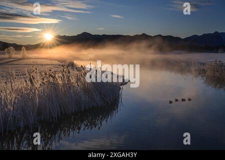 Lever de soleil sur une rivière, montagnes, hiver, rivière Ach, Murnau, Bavière, Allemagne, Europe Banque D'Images