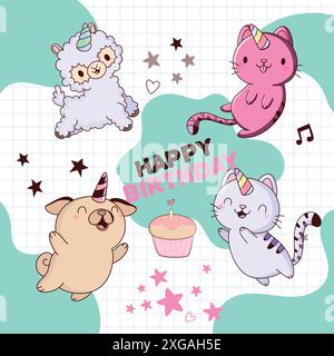 Ensemble d'affiches vectorielles de voeux joyeux anniversaire. Carte d'invitation d'anniversaire Illustration de Vecteur
