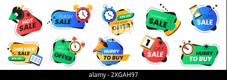 Dernière offre de jeu de vecteurs de badge. Autocollants promo de vente avec réveil, calendrier, chronomètre, sablier et mégaphone. Ventes chaudes, offre spéciale et dépêchez-vous d'acheter des icônes. Étiquettes de réduction, logos de dernier jour. Illustration de Vecteur