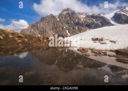 Lac du glacier alpin haut dans les montagnes de Tien Shan au Kazakhstan Almaty au col de Talgar, où les sommets de montagne, les rochers et la glace éternelle se reflètent Banque D'Images