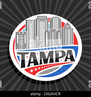 Logo vectoriel pour Tampa, étiquette de cercle décoratif blanc avec illustration de ligne du paysage urbain de la baie de tampa sur fond de ciel de jour, réfrigérateur de design d'art Illustration de Vecteur