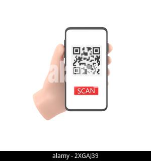 3d dessin animé rend les mains féminines smartphone et utilise le service d'application mobile avec la conception de bannière de code QR de balayage. Technologie et concept d'entreprise.rendu 3D. Banque D'Images