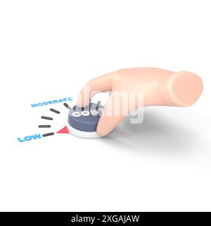 Maquette d'icône de geste de dessin animé. Plat 3d isométrique main d'homme d'affaires tourner le cadran de coût à la position basse. Concept de gestion de réduction des coûts.rendu 3D sur blanc Banque D'Images