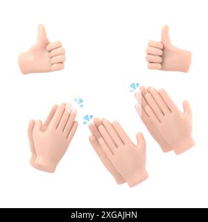 Ensemble de mains de gens applaudissant, donnant des likes. Applaudissements, Ovation, célébration, enlèvement. Illustration de doodle plat dans le style de dessin animé mignon.rendu 3D sur wh Banque D'Images