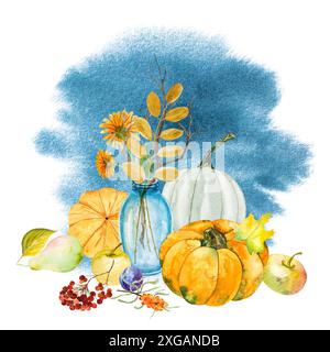 Composition d'aquarelle avec un vase bleu et citrouille, fleurs, branches, pommes de pin, arbre de Noël, rowan, argousier, feuilles, série d'élémens d'automne Banque D'Images