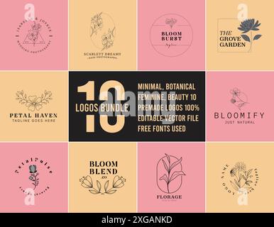 Modèles de logo avec branches dessinées à la main et feuilles en ligne Cadre floral de vecteur élégant, couronne pour étiquette, identité d'entreprise, invitation de mariage, Illustration de Vecteur