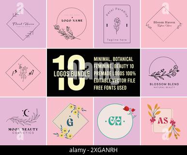 Modèles de logo avec branches dessinées à la main et feuilles en ligne Cadre floral de vecteur élégant, couronne pour étiquette, identité d'entreprise, invitation de mariage, Illustration de Vecteur