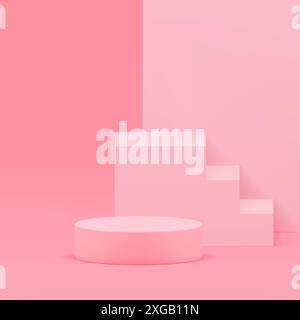 Piédestal de podium de salle d'exposition rose 3d avec escaliers pour la présentation illustration vectorielle réaliste. Élégant spa de salle de publicité minimaliste et féminin Illustration de Vecteur