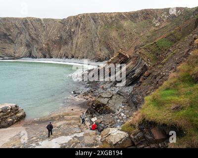 Touristes et falaises côtières montrant des plis dans les roches sédimentaires, Hartland Quay, Hartland Peninsula, Devon, Angleterre, Royaume-Uni, octobre 2022 Banque D'Images