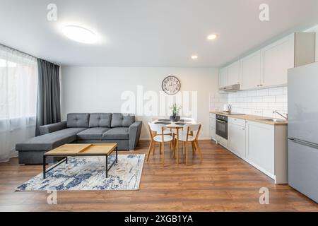 Salle de séjour moderne et intérieur de cuisine. Luxueux appartement moderne et élégant. Intérieur ouvert, canapé élégant, meubles blancs, Design scandinave. Banque D'Images