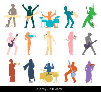 Les musiciens colorent les silhouettes jouant différents instruments de musique Illustration de Vecteur