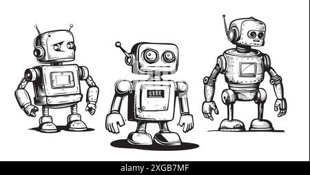 un ensemble de robots dans le style de dessin animé. Robots drôles dessinés à la main dans le style doodle, avec des mains et sur des roues avec des antennes, androïdes dans un contour noir de couleur Illustration de Vecteur