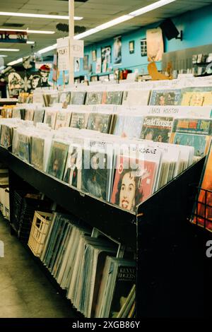 Vintage Vinyl Records exposés sur les étagères d'un magasin de musique Banque D'Images