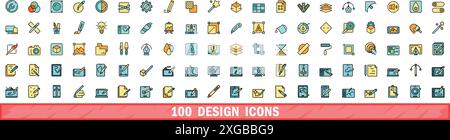 100 icônes de conception définies. Ensemble de ligne de couleur d'icônes de vecteur de conception couleur de ligne mince plat sur blanc Illustration de Vecteur