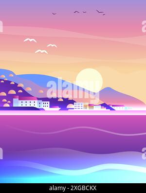 Coucher de soleil paysage côtier avec des bâtiments de collines colorées et des oiseaux sur la mer calme Illustration de Vecteur