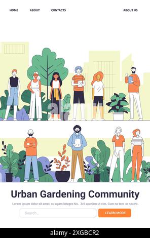 Illustration de la communauté de jardinage urbain mettant en vedette un groupe diversifié de personnes avec des plantes fond de ville moderne colorée et attrayante conception Illustration de Vecteur