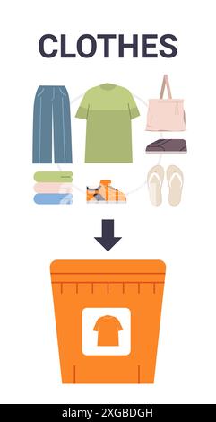 Corbeille de dons de vêtements avec divers vêtements, y compris pantalon chemise sac chaussures tongs et vêtements pliés corbeille orange avec icône de vêtements Illustration de Vecteur