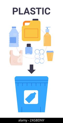 Concept de tri des déchets en plastique illustration divers articles en plastique, y compris des conteneurs de bouteilles et des sacs avec une flèche pointant vers le bac de recyclage bleu Illustration de Vecteur