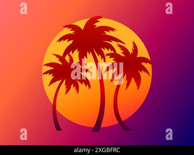 Trois palmiers au coucher du soleil dans un style rétro futuriste. Heure d'été. Silhouettes de palmiers sur le fond d'un coucher de soleil en dégradé. Conception pour Illustration de Vecteur