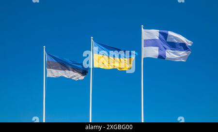 Estonie, Ukraine et Finlande agitant dans le vent et la lumière du soleil drapeaux sur le ciel bleu clair, alliance et réunion, coopération des états. Symbole national de Banque D'Images