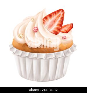 Cupcake décoré de crème fouettée, de fraises et de saupoudres. Muffin aux baies avec garniture. Gâteaux faits maison pour des vacances en famille, délicieux dessert Banque D'Images