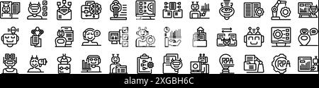 Icônes RPA définies. Robots automatisant les tâches, gérant les données et améliorant l'efficacité dans diverses opérations commerciales Illustration de Vecteur