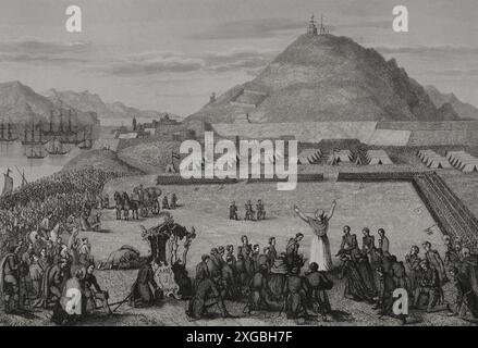 Révolutions libérales de 1848. En 1848, les troupes dirigées par Garibaldi et Mazzini occupèrent le Vatican. Le 24 novembre 1848, avec l'aide des ambassadeurs espagnol, français et bavarois, le pape Pie IX (1792-1878) fuit Rome, se réfugiant dans la forteresse napolitaine de Gaeta, dans le Royaume des deux-Siciles. Le 18 février 1849, après la proclamation de la République romaine le 9 février, le pape demande une aide militaire à l'Espagne, à la France, à l'Autriche et à Naples. Le gouvernement espagnol de Narváez ordonne au général Córdoba d'envoyer des troupes en urgence. Après avoir débarqué dans le port de Gaeta sur 28 M. Banque D'Images