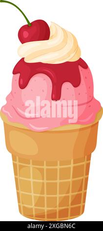 Crème glacée cerise avec crème fouettée et sirop dans un gobelet à gaufres. Mûre baie cool dessert rafraîchissant dessiné à la main style plat isolé joyeux et aspect estival. Illustration vectorielle Illustration de Vecteur