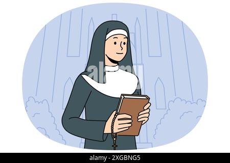 Femme nonne avec la bible se tient près de l'église appelant à visiter les sanctuaires chrétiens et à étudier l'évangile ou les prières religieuses. Religieuse catholique en soutane blanche et noire tient la croix pour les rituels orthodoxes traditionnels. Illustration de Vecteur