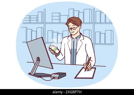 Homme pharmacien en manteau médical blanc se tient derrière le comptoir en pharmacie et prescrit des médicaments d'ordonnance aux patients. L'employé de la pharmacie prend des notes dans le carnet de notes en choisissant des antibiotiques ou des vitamines Illustration de Vecteur