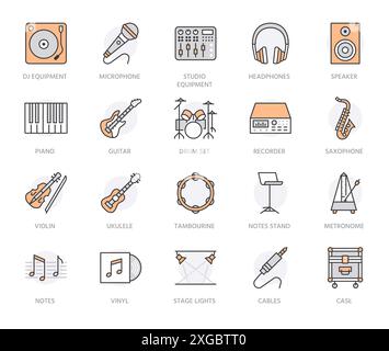 Jeu d'icônes de ligne plate pour instruments de musique. Équipement DJ, studio d'enregistrement sonore, piano, guitare, illustration vectorielle de saxophone. Pictogramme de contour pour Illustration de Vecteur