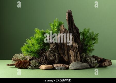 Scène de nature abstraite avec une composition de branches d'épinette, de pierres et d'accrocs secs. Arbre miniature traditionnel japonais de bonsaï sur fond vert. Banque D'Images