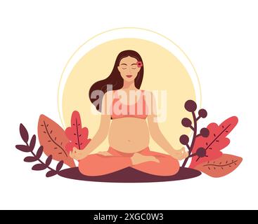 Femme enceinte heureuse assise dans la pose du lotus. Méditer femme enceinte pratiquant le yoga périnatal sur fond de nature. Concept de grossesse saine Illustration de Vecteur