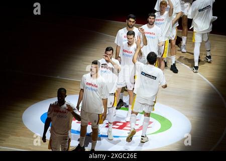 Valencia, Espagne. 03 juillet 2024. L'équipe espagnole débute en action lors du match entre l'Espagne et les Bahamas dans le tournoi de qualification olympique FIBA Espagne 2024 phase de groupes le 3 juillet 2024 au tribunal municipal de Fuente de San Luis. Score final : Espagne 86 vs Bahamas 78 (photo par German Vidal Ponce/SOPA images/SIPA USA) crédit : SIPA USA/Alamy Live News Banque D'Images