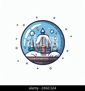 Globe de neige d'hiver avec Cottage confortable et pins dans la neige Illustration de Vecteur