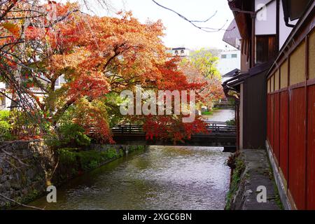 La célèbre rivière Gion Shirakawa de Kyoto, ses feuilles d'automne et ses maisons machiya traditionnelles au Japon Banque D'Images