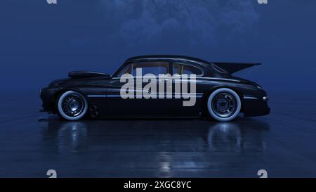 un croiseur de rue noir dans un style rétro devant un fond bleu foncé neutre Banque D'Images