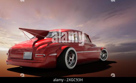 un croiseur de rue rouge de style rétro devant un lever de soleil Banque D'Images