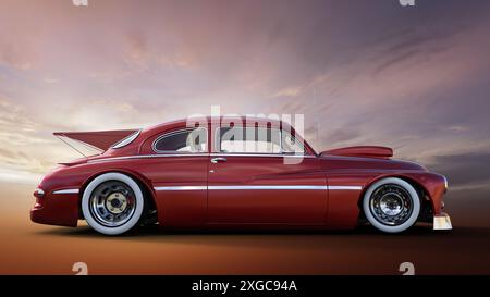 un croiseur de rue rouge de style rétro devant un lever de soleil Banque D'Images