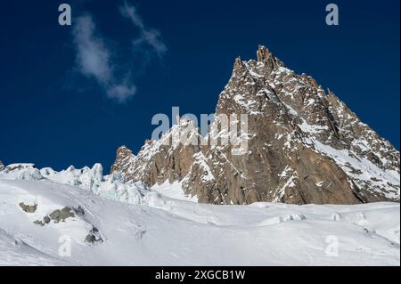 France, haute Savoie, massif du Mont Blanc, Chamonix, aiguille du midi, descente de la Vallée Blanche en ski hors piste, du glacier de l'envers du Plan et de la dent du requin Banque D'Images