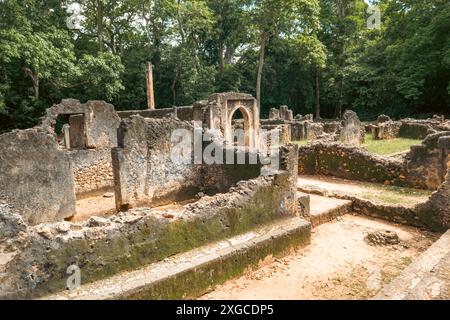 Ruines de Gedi dans la ville de Gede - Une colonie côtière médiévale swahili dans les réserves forestières Arabuko Sokoke à Malindi, au Kenya Banque D'Images