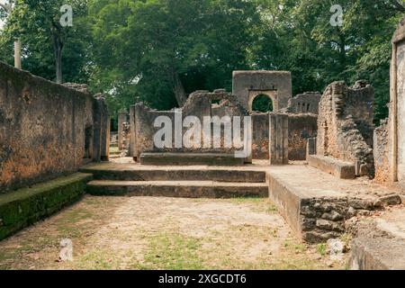 Ruines de Gedi dans la ville de Gede - Une colonie côtière médiévale swahili dans les réserves forestières Arabuko Sokoke à Malindi, au Kenya Banque D'Images