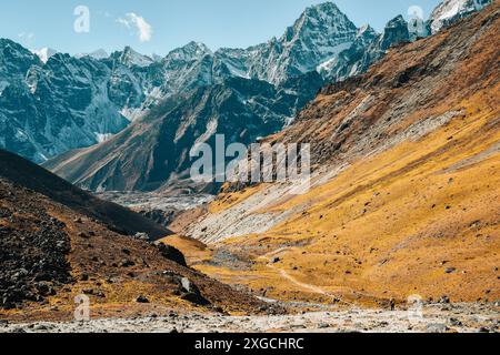 Trekker femme trekking dans les montagnes de l'Himalaya à Gokyo Ri. EBC Detour itinéraire populaire. Randonnée en solo dans le parc national de Sagarmatha trek officiel Banque D'Images