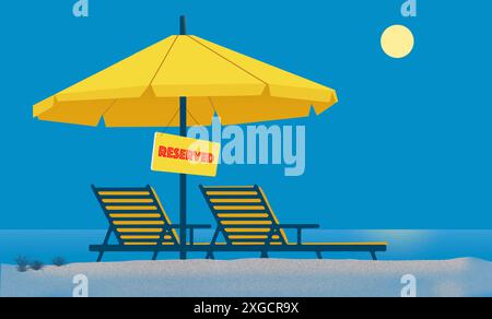 Deux chaises de plage sont vides et vous attendent. Des chaises et un parasol sont vus sur une plage tropicale. Un panneau sur l'ensemble de plage indique qu'il est réservé. C'est le cas Banque D'Images