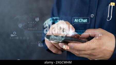 Chatbot Chat avec concept d'intelligence artificielle ai, homme d'affaires utilise smartphone chat avec ai, technologie créée dans le monde futur et co populaire Banque D'Images